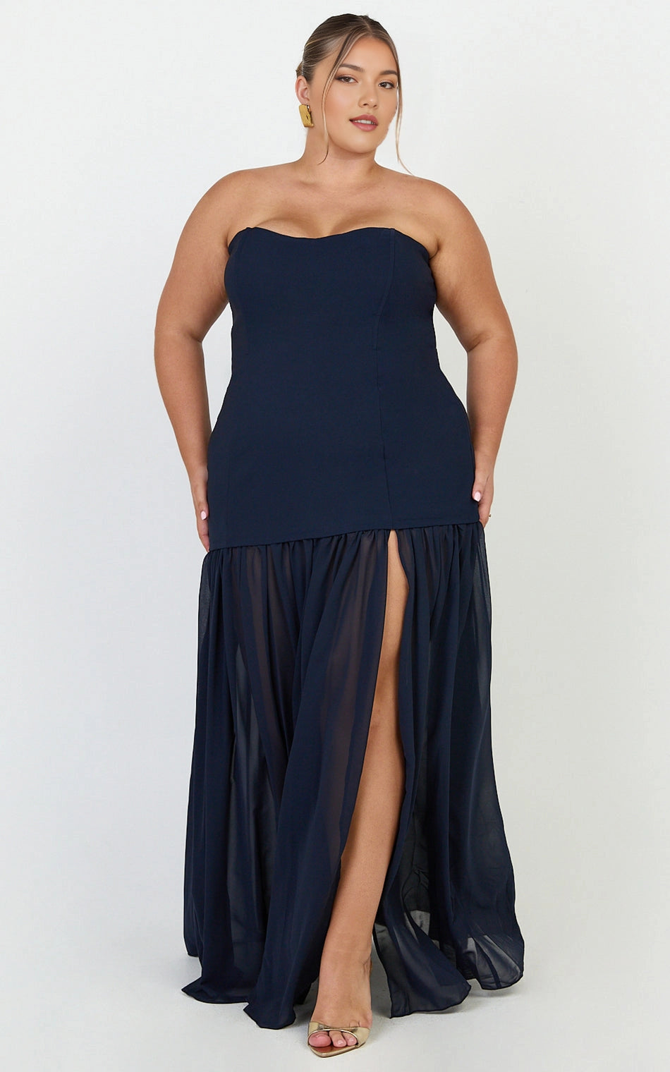 Roselledress strapless plus size wedding guest maxi dress front view, mixed fabric chiffon split formal gown
