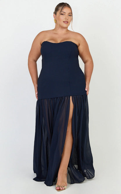 Roselledress strapless plus size wedding guest maxi dress front view, mixed fabric chiffon split formal gown