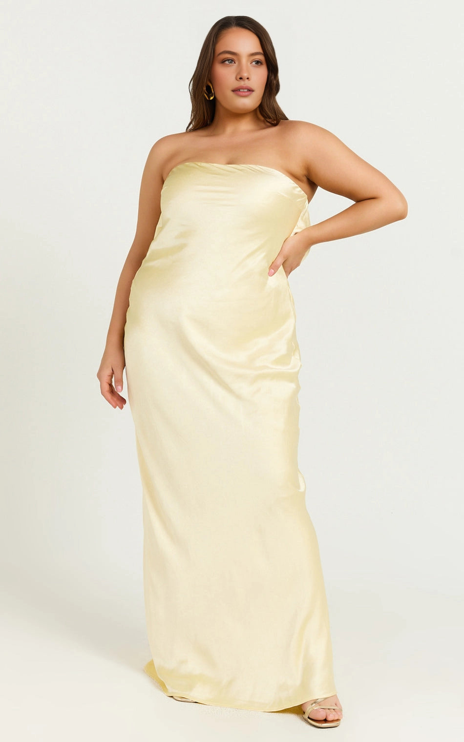 Roselledress strapless satin plus size wedding guest maxi dress front view, sleek bodycon formal gown