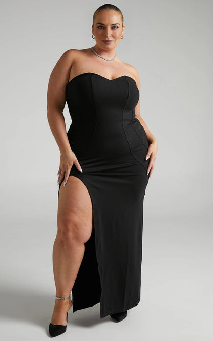 Roselledress black strapless sweetheart plus size wedding guest maxi dress front view, structured seam gown with high thigh slit