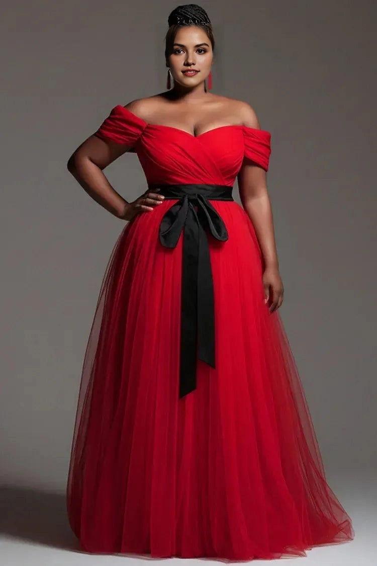 Roselledress red tulle plus size prom dress front view,off‑shoulder sweetheart a‑line gown with black satin bow sash