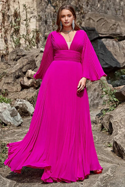 Roselledress plus size fuchsia wedding guest dress front view, v‑neck bell sleeve pleated chiffon a‑line formal long gown