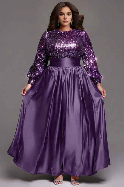 Roselledress purple plus size prom dress round neck long puff sleeve sequin bodice satin skirt a‑line floor‑length gown front view