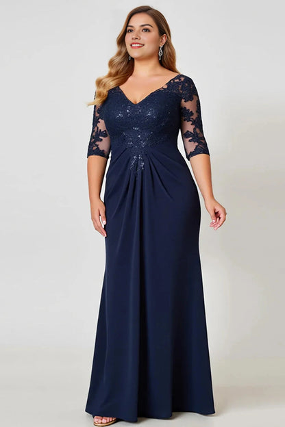 Roselledress navy blue lace chiffon plus size mother of the bride dress front view,v‑neck 3/4 sleeve mermaid formal evening gown
