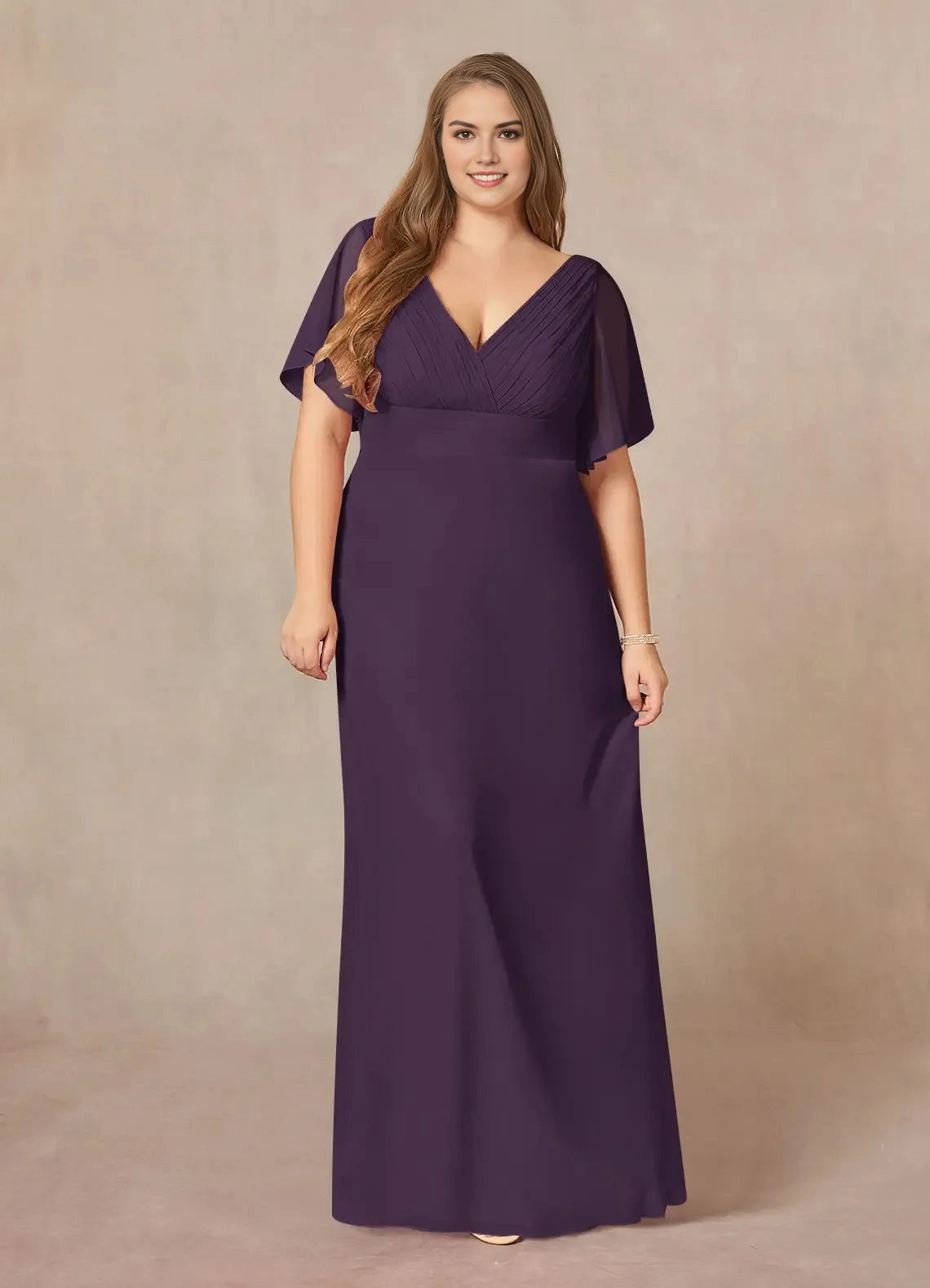 Roselledress dark purple plus size bridesmaid dress v neck flutter sleeve pleated bodice floor‑length mermaid gown front view