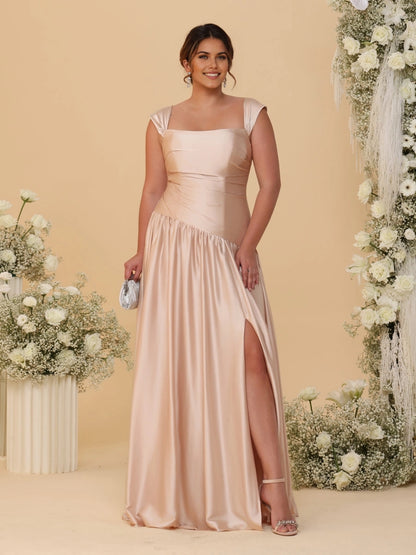 roselledress champagne a‑line bridesmaid dress convertible square off‑shoulder neck ruched bodice high slit lustrous satin floor‑length plus size gown
