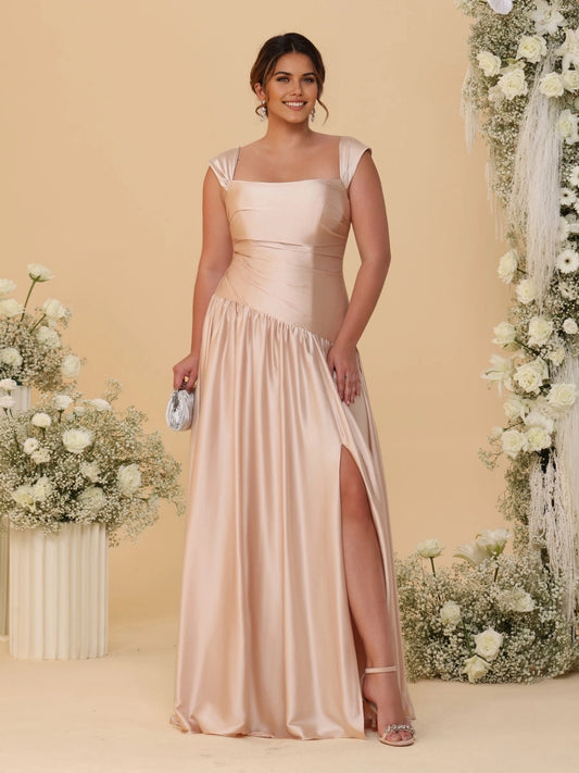 roselledress champagne a‑line bridesmaid dress convertible square off‑shoulder neck ruched bodice high slit lustrous satin floor‑length plus size gown