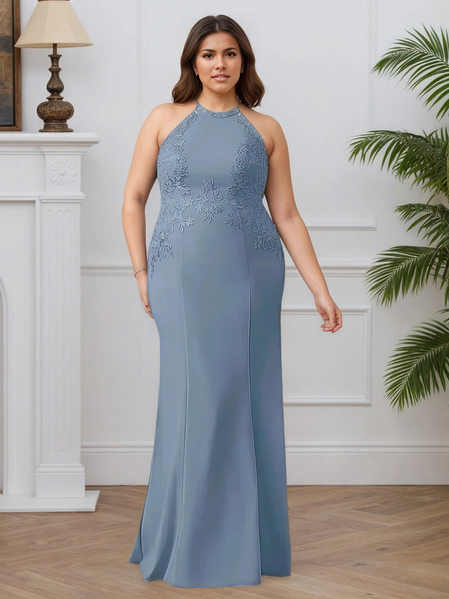 Roselledress plus size dusty blue mother of the bride dress halter sleeveless mermaid lace applique long gown