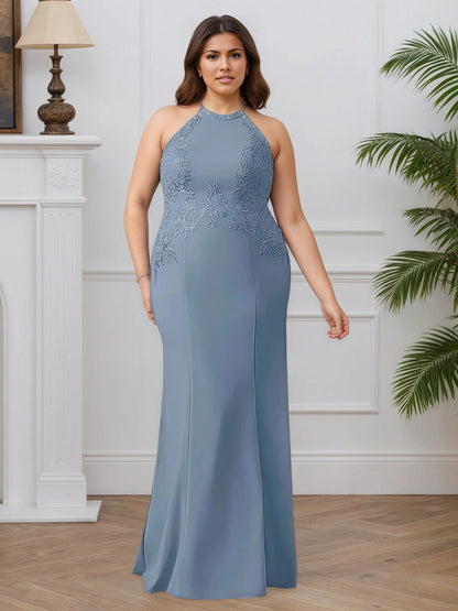 Roselledress plus size dusty blue mother of the bride dress halter sleeveless mermaid lace applique long gown