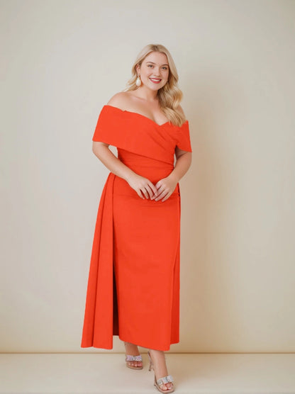 Roselledress plus size wedding guest dress, bright orange floor‑length sheath gown with off‑the‑shoulder neckline and side sash detail