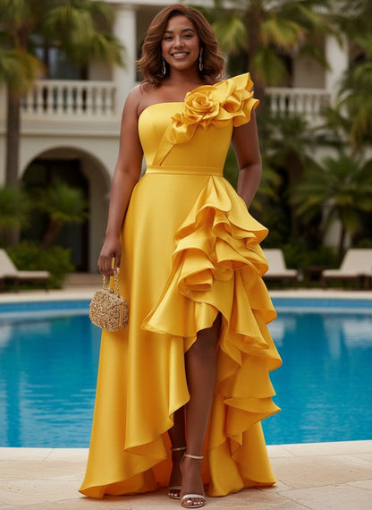 Roselledress yellow plus size prom dress one shoulder 3d flower ruffle high low satin gown with pockets front view