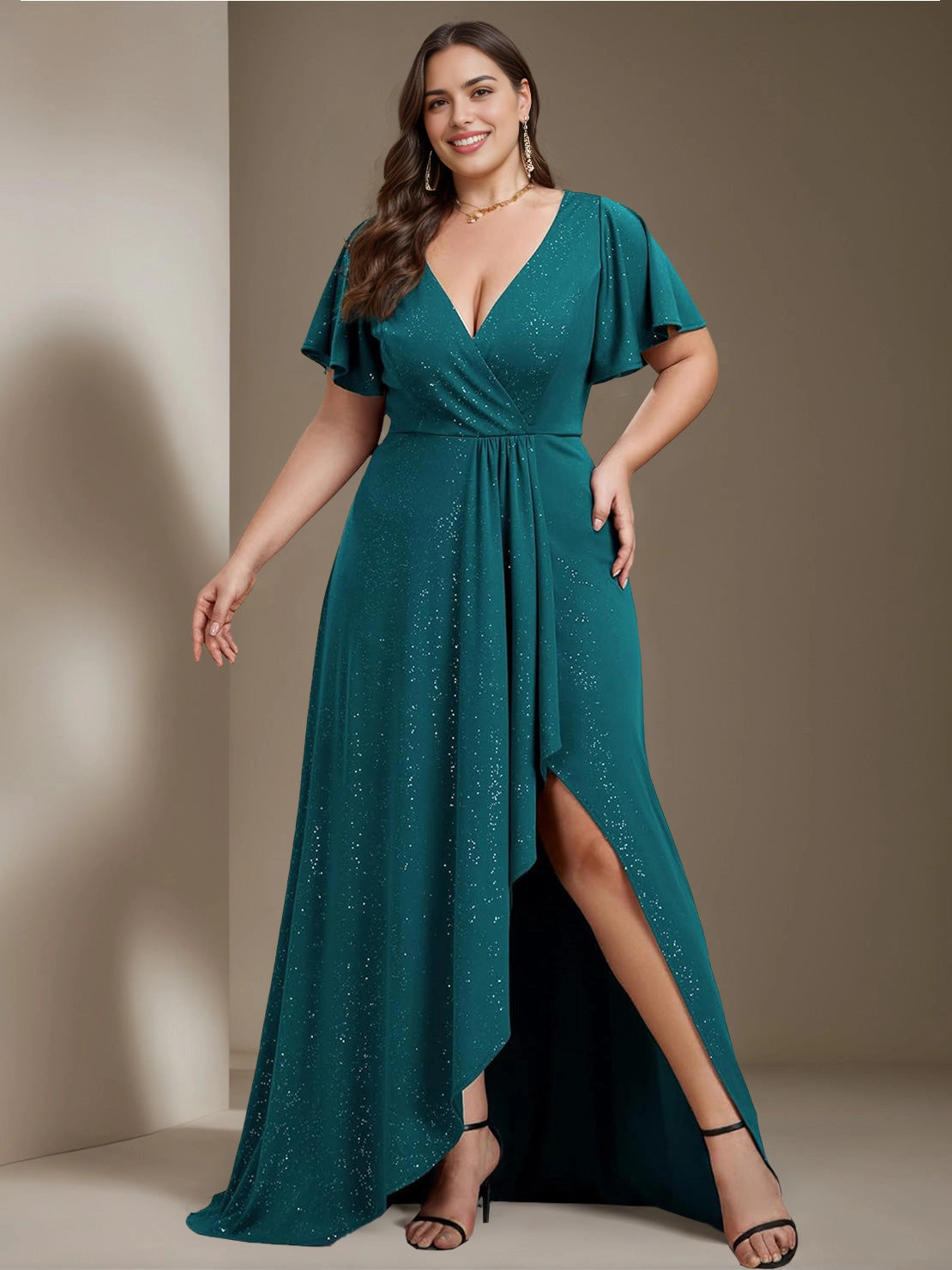 RoselleDress teal glitter plus size mother of the bride dress wrap V-neck flutter sleeve faux wrap gown with high front slit