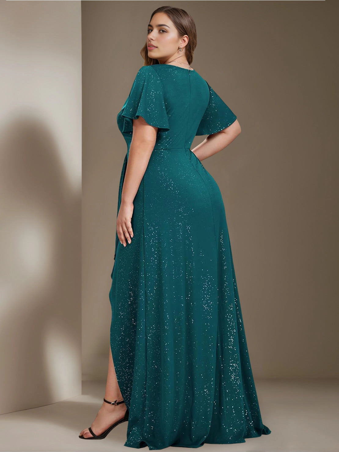 Back view RoselleDress emerald sparkly formal dress closed solid back floor length plus size wedding guest evening dress