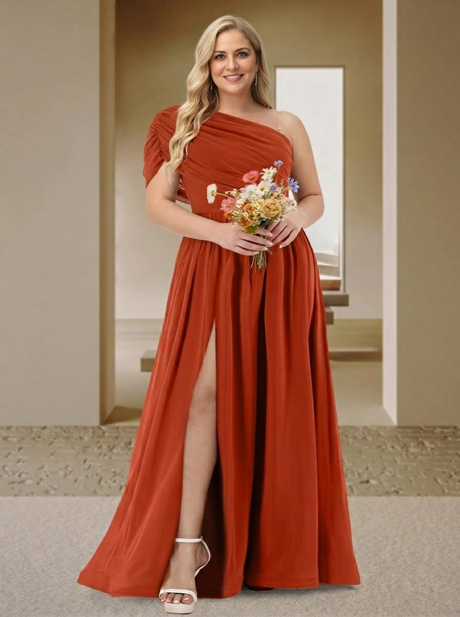 RoselleDress terracotta chiffon plus size mother of the bride dress one shoulder ruched bodice a-line gown with front high slit