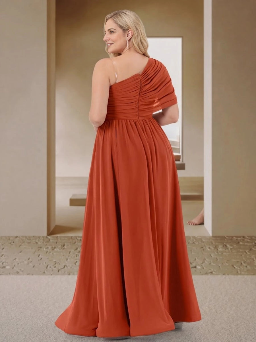 Back view RoselleDress rust formal chiffon dress ruched back invisible zipper floor length plus size wedding guest maxi dress