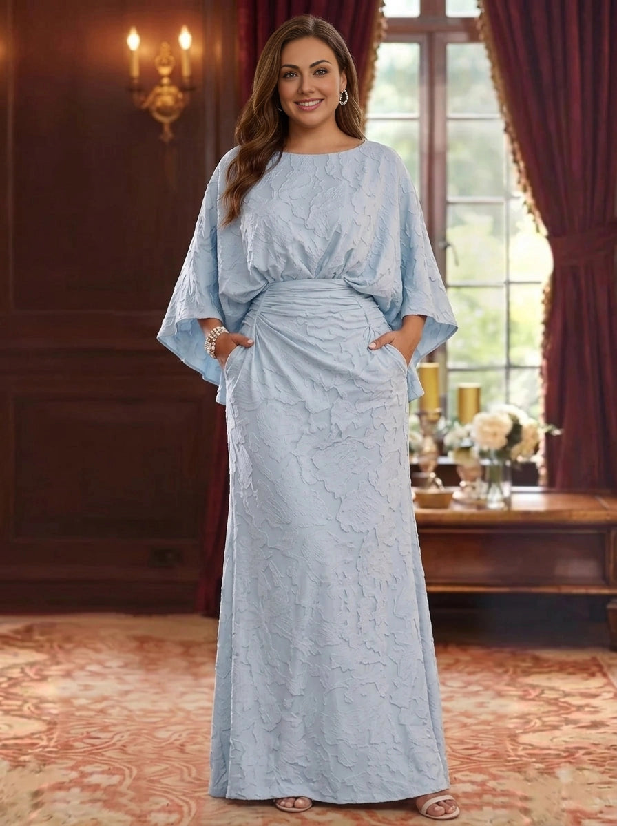 Roselledress light blue plus size mother of the bride dress front view, textured floral fabric round neck batwing sleeve mermaid maxi gown with side pockets