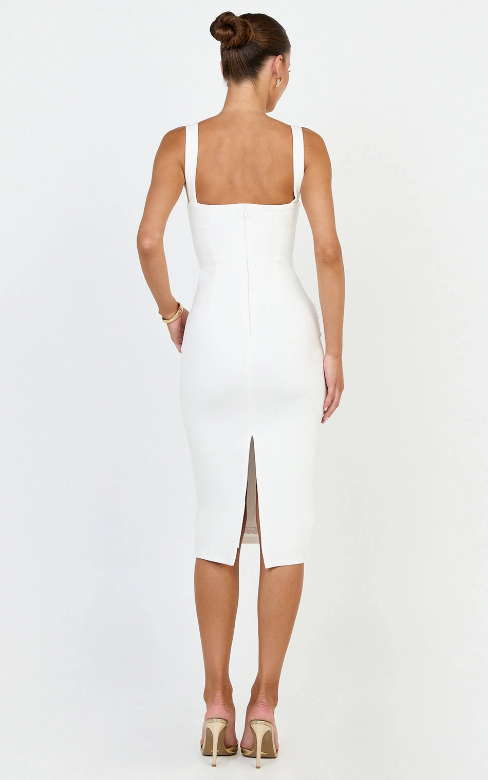 Roselledress wide strap formal dress plus size square low back invisible zipper back slit midi wedding guest dress back view
