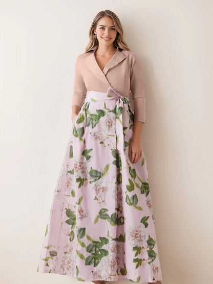 RoselleDress two tone floral mother of the bride dress lapel v neck 3/4 sleeve wrap waist maxi gown with side pockets