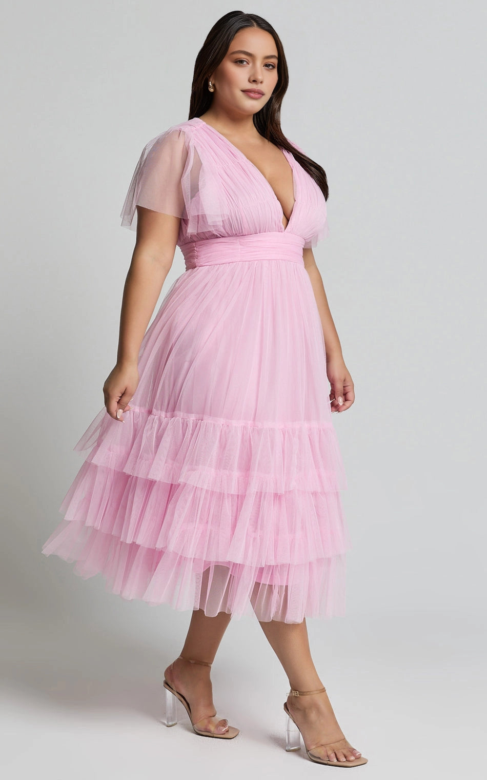 Roselledress v neck flutter sleeve plus size wedding guest midi dress front view, pink tiered tulle formal dress