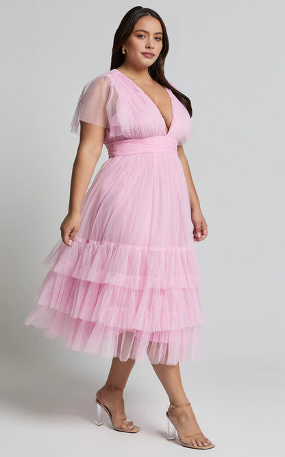Roselledress v neck flutter sleeve plus size wedding guest midi dress front view, pink tiered tulle formal dress