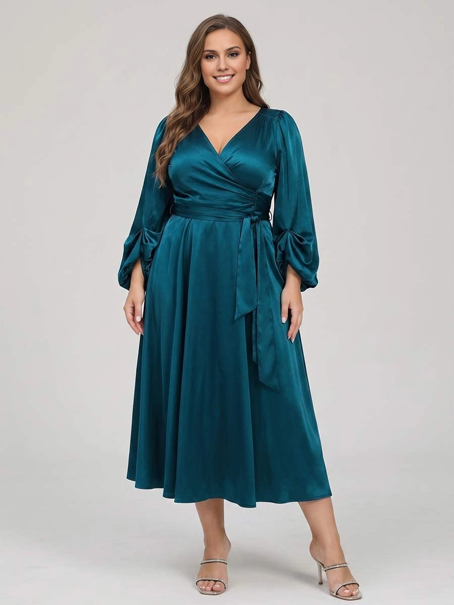 Roselledress teal plus size prom dress front view, v-neck wrap satin gown with tie waist puff sleeve a-line midi skirt