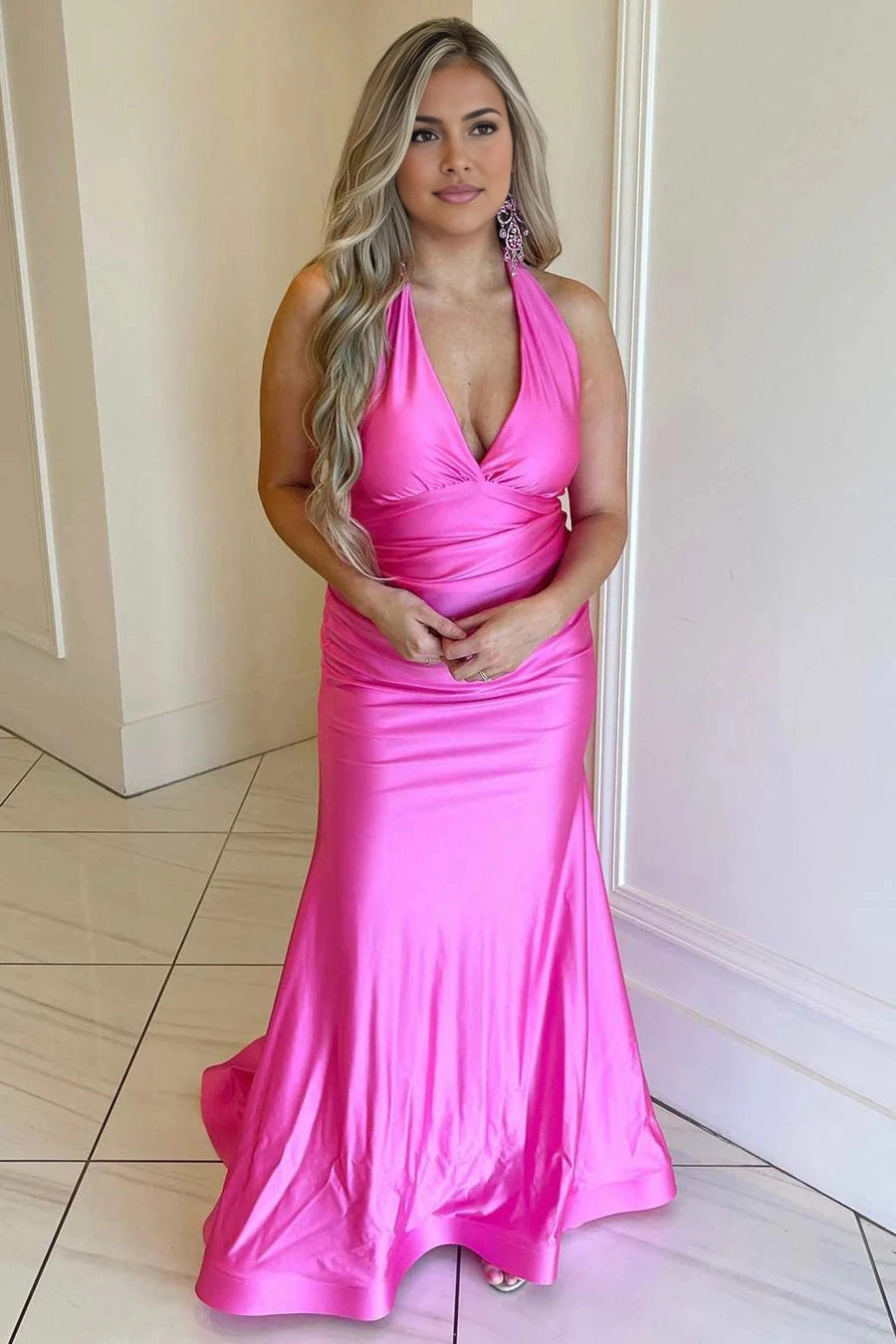 Roselledress hot pink satin mermaid prom dress front view,halter sleeveless deep v neck long formal evening gown