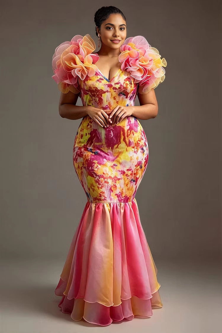 Roselledress pink yellow printed plus size mermaid gown v neck 3D organza flower shoulder gradient ruffle formal dress front view