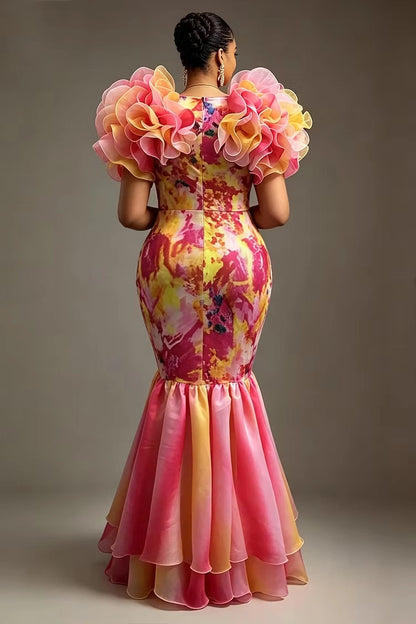 Roselledress colorful floral evening dress plus size back zipper layered organza mermaid prom gown back view