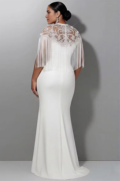 Back view RoselleDress white mermaid formal dress sheer lace zip back fringe cape overlay elegant plus size evening gown with train