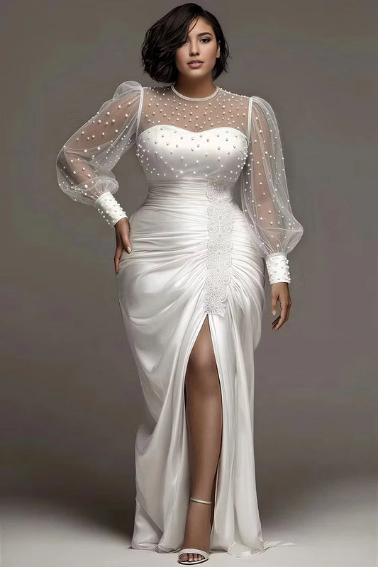 RoselleDress white plus size wedding gown pearl dotted sheer puff sleeve high neck ruched satin mermaid dress lace trim high slit bridal gown