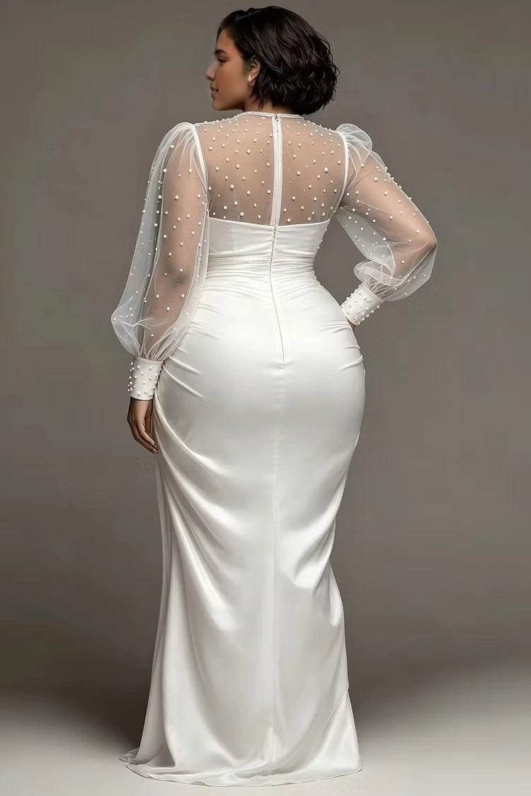 Back view RoselleDress satin mermaid bridal dress pearl embellished mesh back long puff sleeve invisible zipper plus size wedding dress