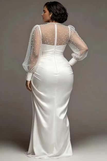 Back view RoselleDress satin mermaid bridal dress pearl embellished mesh back long puff sleeve invisible zipper plus size wedding dress