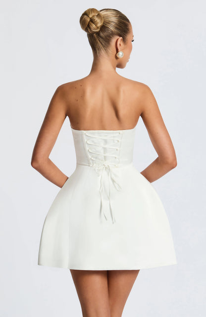 White Fit Flare Strapless Sleeveless Lace Up Back Mini Homecoming Dress