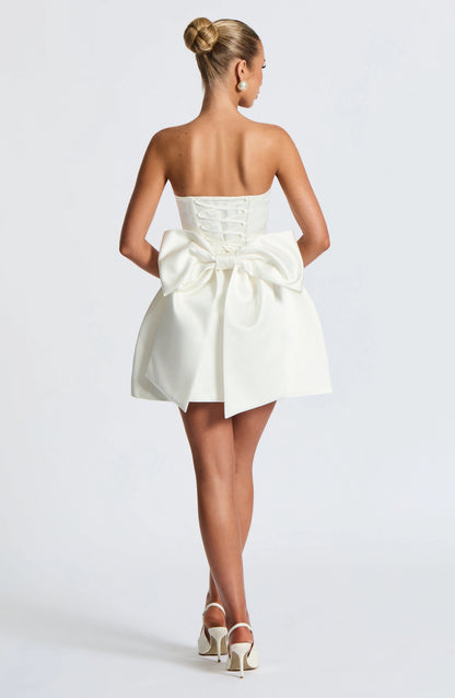 roselledress white strapless lace up back mini Hcoming dress back view