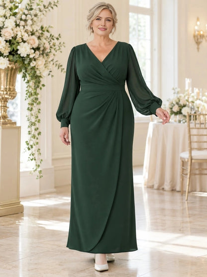 Elegant A-line V-neck mother of the bride dress with long bishop sleeves