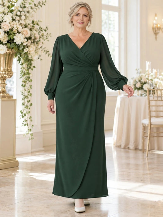 Elegant A-line V-neck mother of the bride dress with long bishop sleeves
