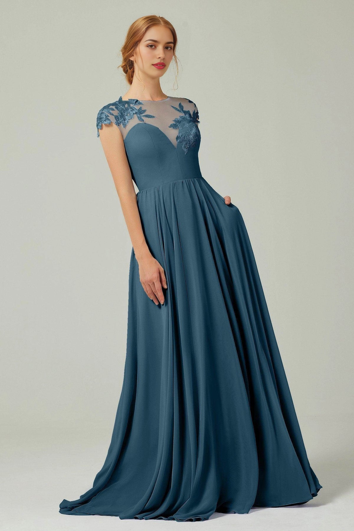Plus Size Romantic A-Line Illusion Neck Cap Sleeve Button Back Long Bridesmaid Dress
