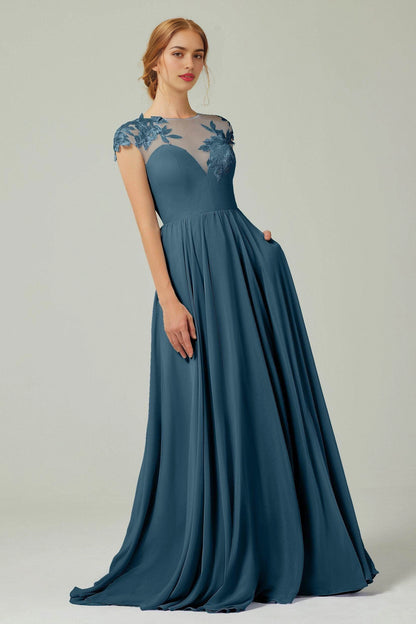 Plus Size Romantic A-Line Illusion Neck Cap Sleeve Button Back Long Bridesmaid Dress