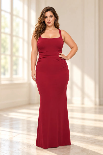 Roselledress plus size red wedding guest dress with a square neckline, sleeveless straps, ruched waist and floor-length mermaid skirt, front view.