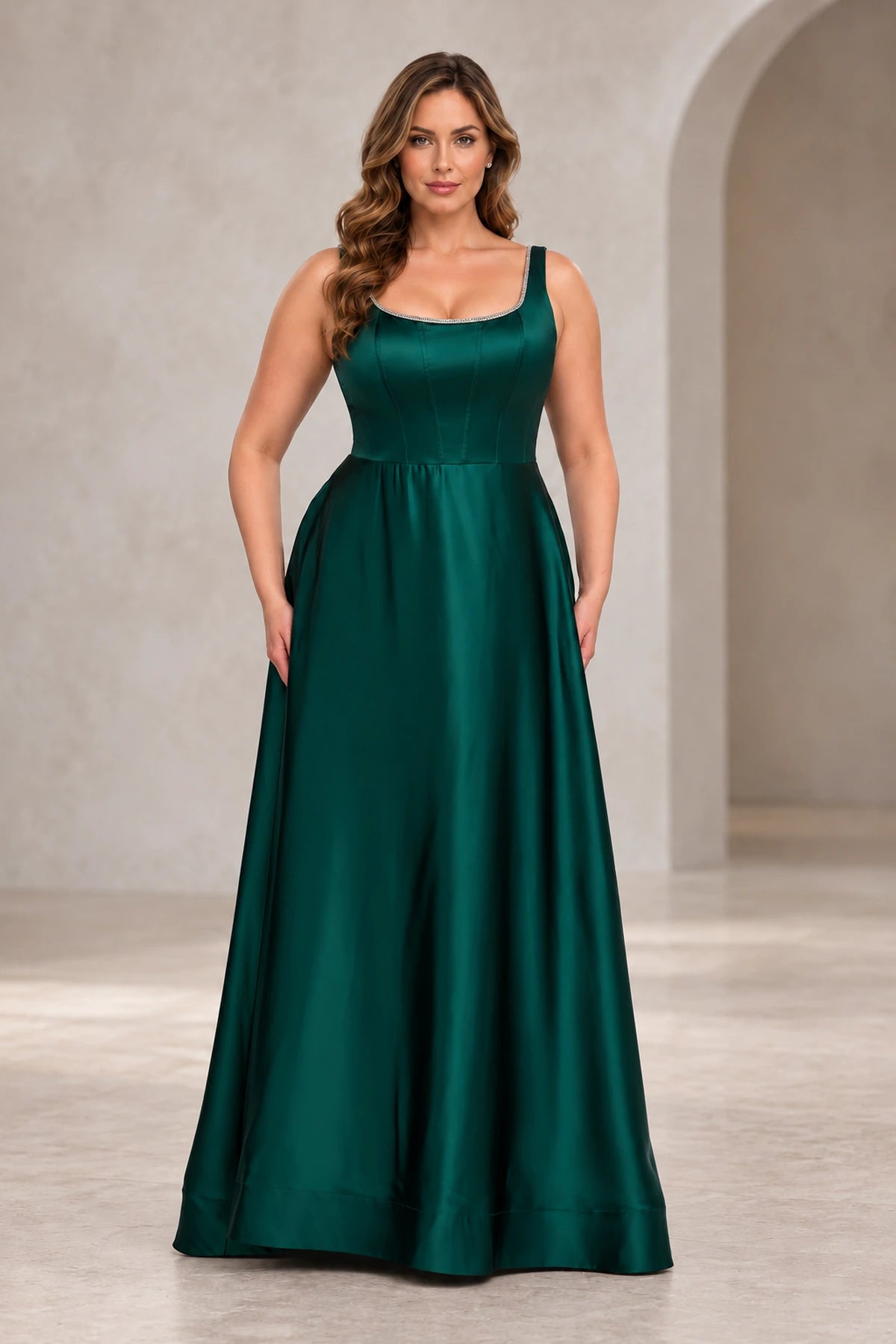 Plus Size Elegant Satin A-Line Square-Neck Sleeveless Scoop-Back Floor-Length Prom Dress