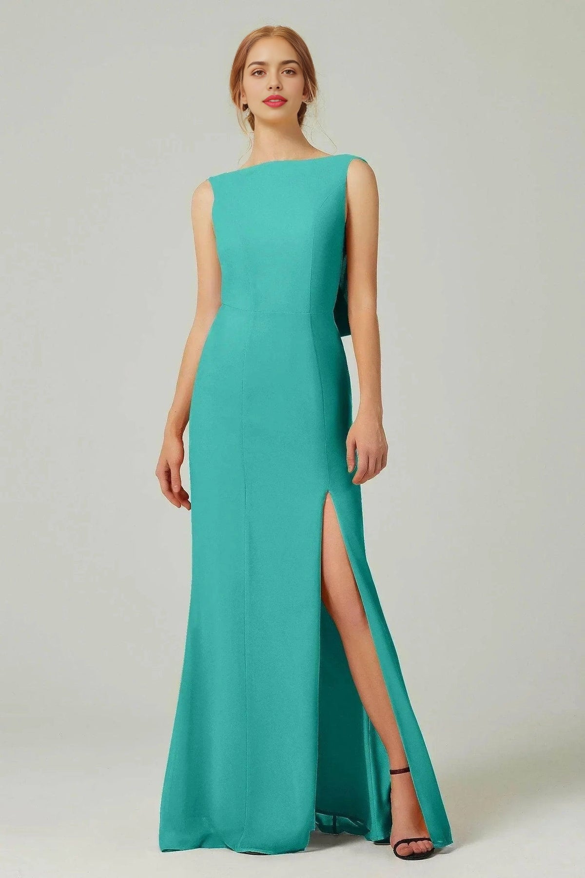 Plus Size Elegant Sheath Bateau Sleeveless Cowl Back Floor Length Bridesmaid Dress
