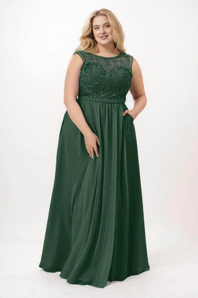 Dark green lace and chiffon bridesmaid dress with an illusion bateau neckline, sleeveless bodice, side pockets and A-line skirt, front view.
