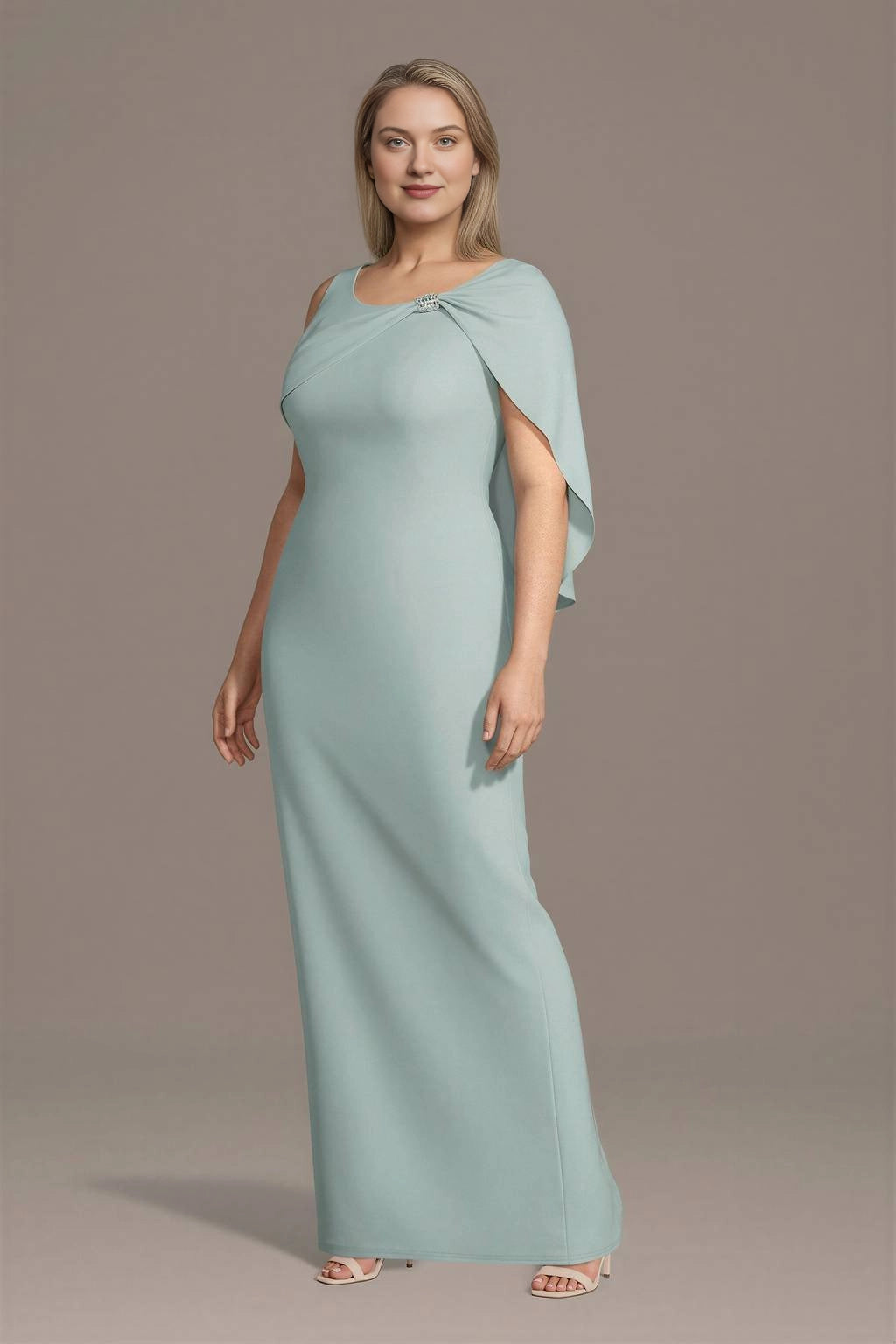Aqua blue plus size mother of the bride dress with cape sleeves and jeweled brooch
