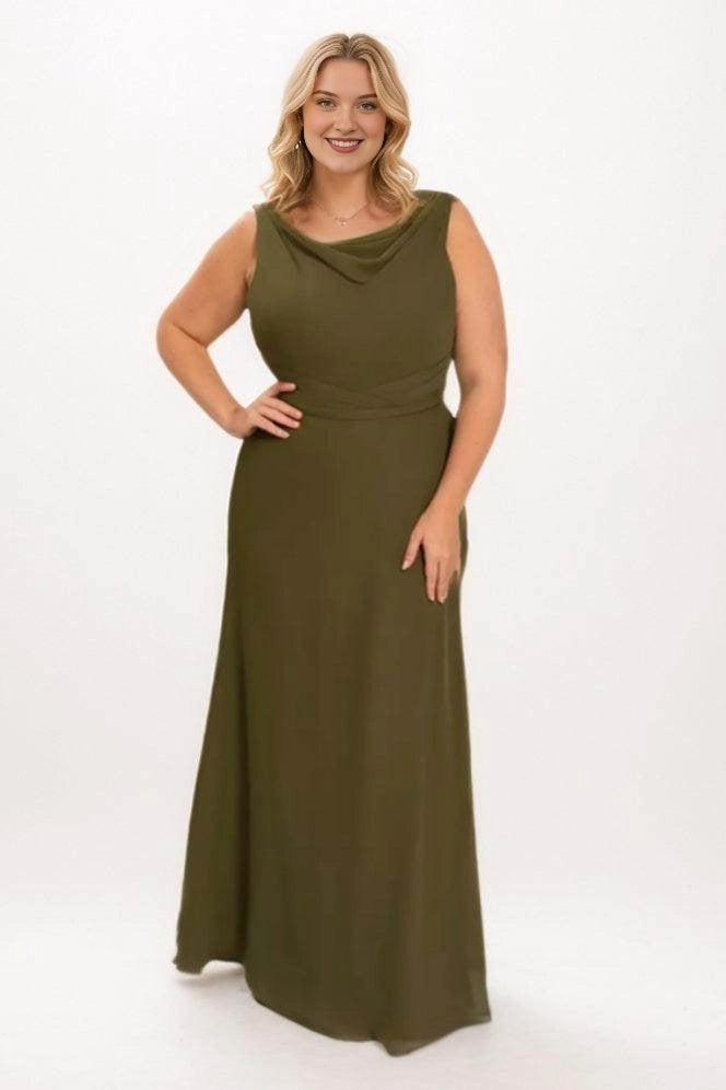 Roselledress olive green plus size bridesmaid dress with a cowl neckline, wide straps, pleated waist and floor-length A-line skirt, front view.