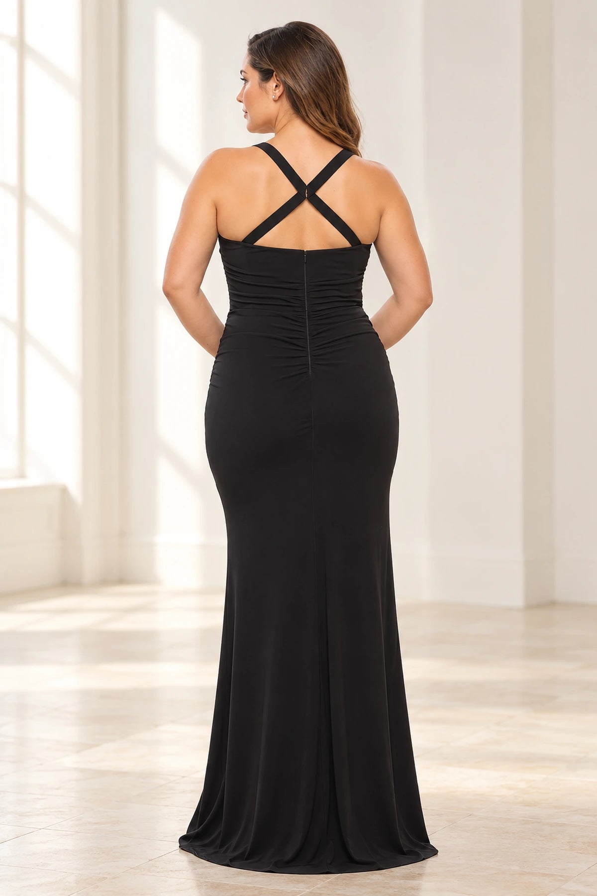 Elegant Jersey Mermaid Square-Neck Sleeveless Crisscross-Back Floor-Length Plus Size Wedding Guest Dress