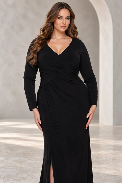 Elegant Jersey Sheath V-Neck Long-Sleeve V-Back Floor-Length Wedding Guest Dress