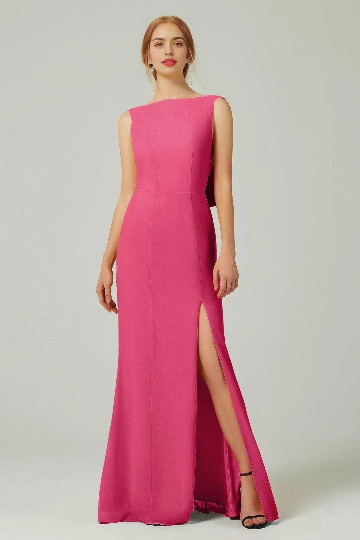 Plus Size Elegant Sheath Bateau Sleeveless Cowl Back Floor Length Bridesmaid Dress