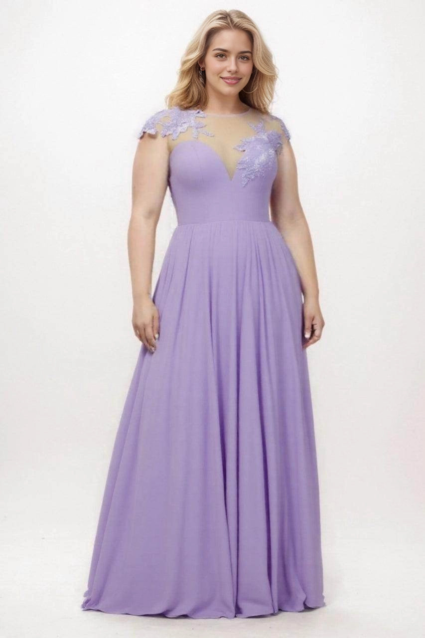 Roselledress lavender plus size A-line bridesmaid dress with floral lace appliques, an illusion neckline and cap sleeves.
