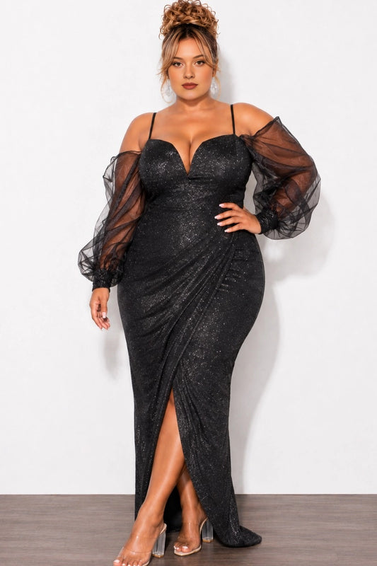Black glitter plus size sweetheart cold shoulder mesh puff sleeve mermaid long evening dress front view