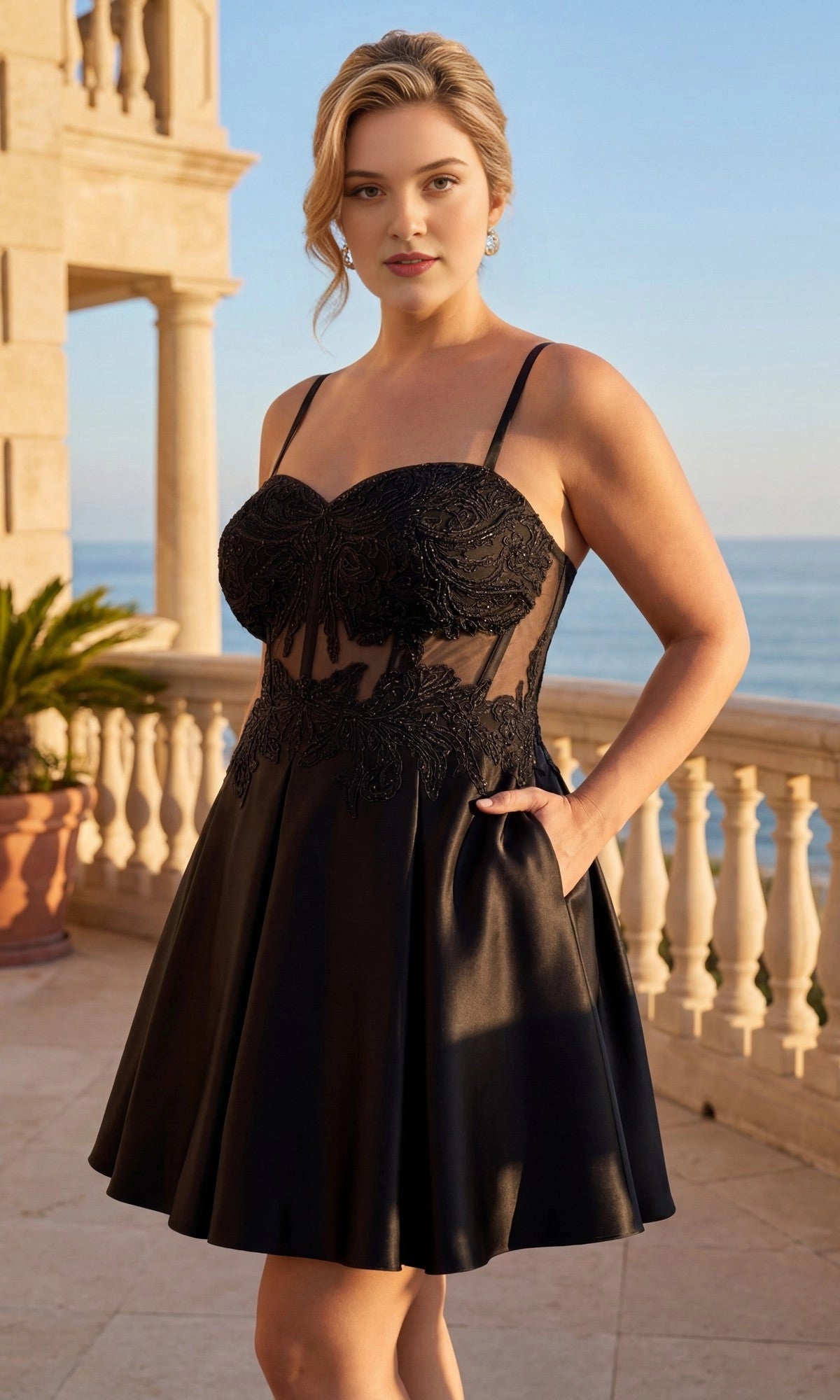 Black plus size lace A-line sweetheart spaghetti strap short homecoming dress with pockets front view by Roselle Dress